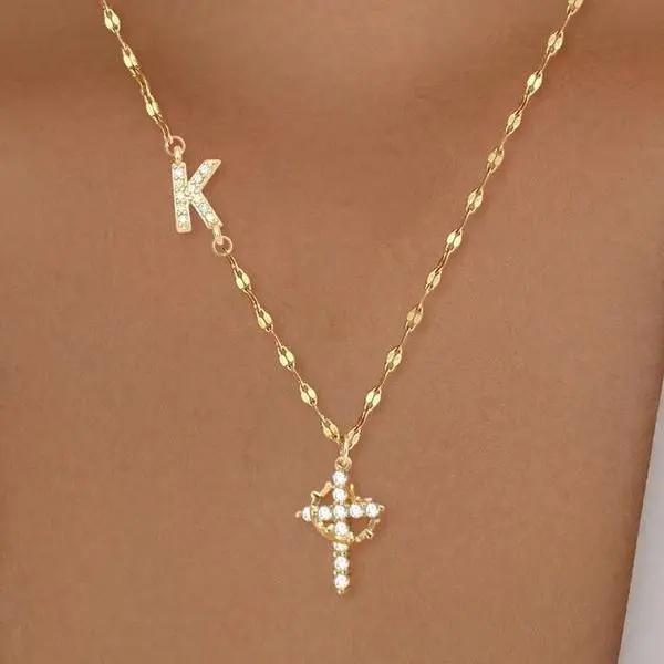 Loveden Gold Initial A-Z Charm Necklace for Women, Dainty Rhinestone Crown Pendant Layered Chain, Trendy Letter Jewelry Gift for Girls, Party Daily Wear Accessories