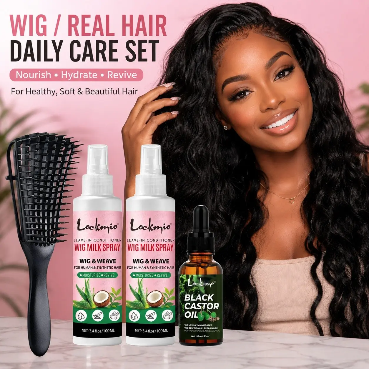 4Pcs Wig Care Set, Wig Milk Spray with Aloe Coconut Extract & Black Castor Oil, Anti‑Frizz Anti‑Static Smoothing Hydrating Deep Scalp Nourishing Soothing Massage Hair Treatment, With Adjustable Wide‑Tooth Detangler Brush for Frizzy Hair