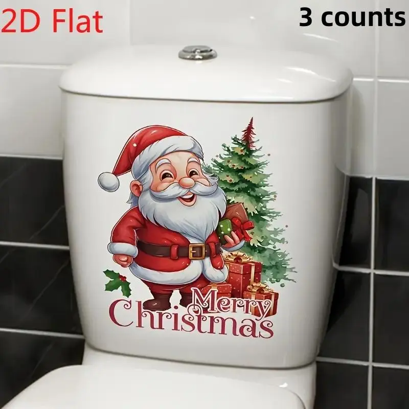 3 Counts 2D Flat holiday Santa Claus self-adhesive sticker - suitable for bathroom, freezer, window, door and wall decoration, perfect for Christmas and winter holidays, home decoration, room decoration, Christmas decoration