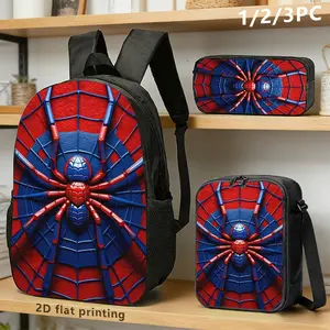 3pcs  Themed Backpack, Shoulder Bag & Pencil Case with Bold Red/blue Spider Design; Ideal for Young Adults in Daily Commutes, Travel, or Casual Outings; Stylish & Functional.