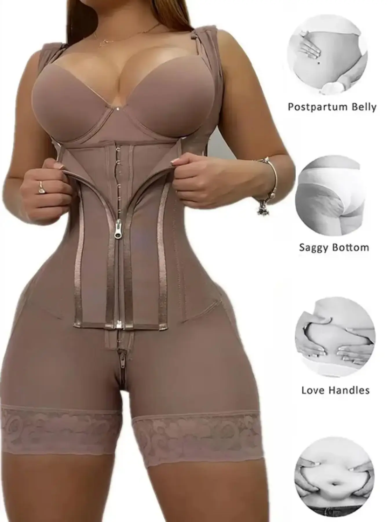 Women Faja Bodysuit Shapewear, Front Zipper with Hooks, Adjustable Shoulder Straps, Tummy Control Butt Lifter Postpartum Body Shaper Shorts