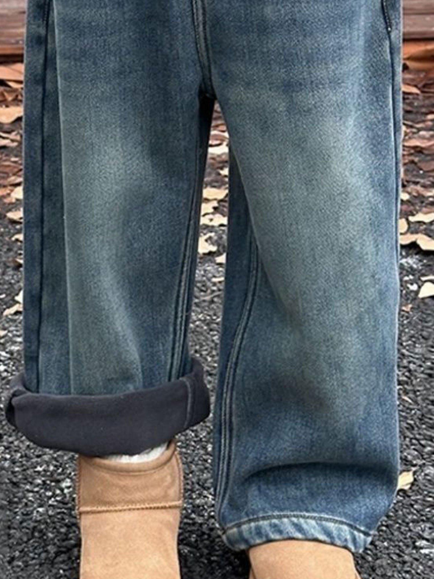 Girls' Fleece-Lined Thickened Warm Casual Washed Pants |         Autumn and Winter New Style, Loose Straight-Leg Silhouette, Elastic Waist, Long Length, Perfect for Going Out