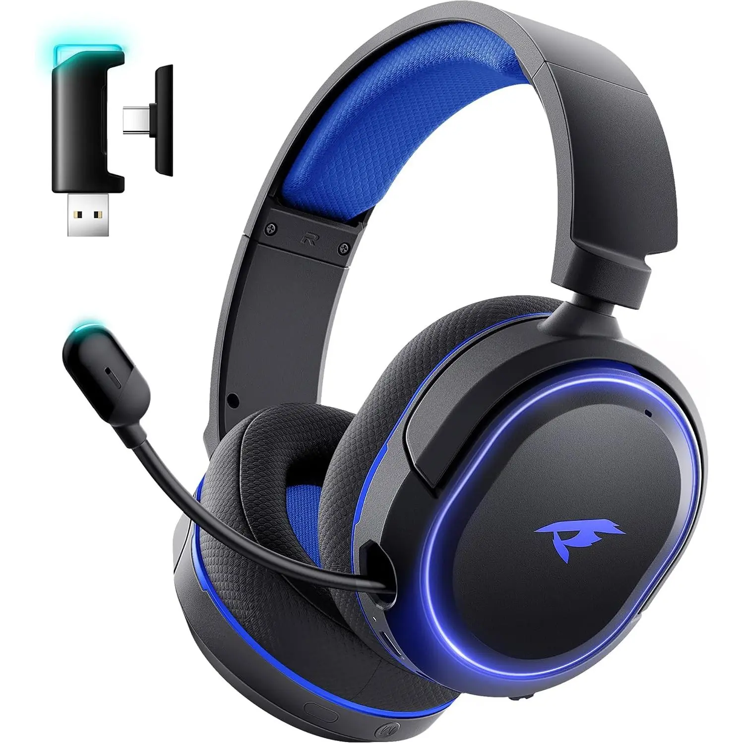 Wireless Gaming Headset, 7.1 Surround Sound, 2.4GHz USB Gaming Headphones with Bluetooth 5.4, 100H Battery, ENC Noise Canceling Mic, RGB Light, Wireless Headset for PC PS5 PS4 Switch (Black-Blue)