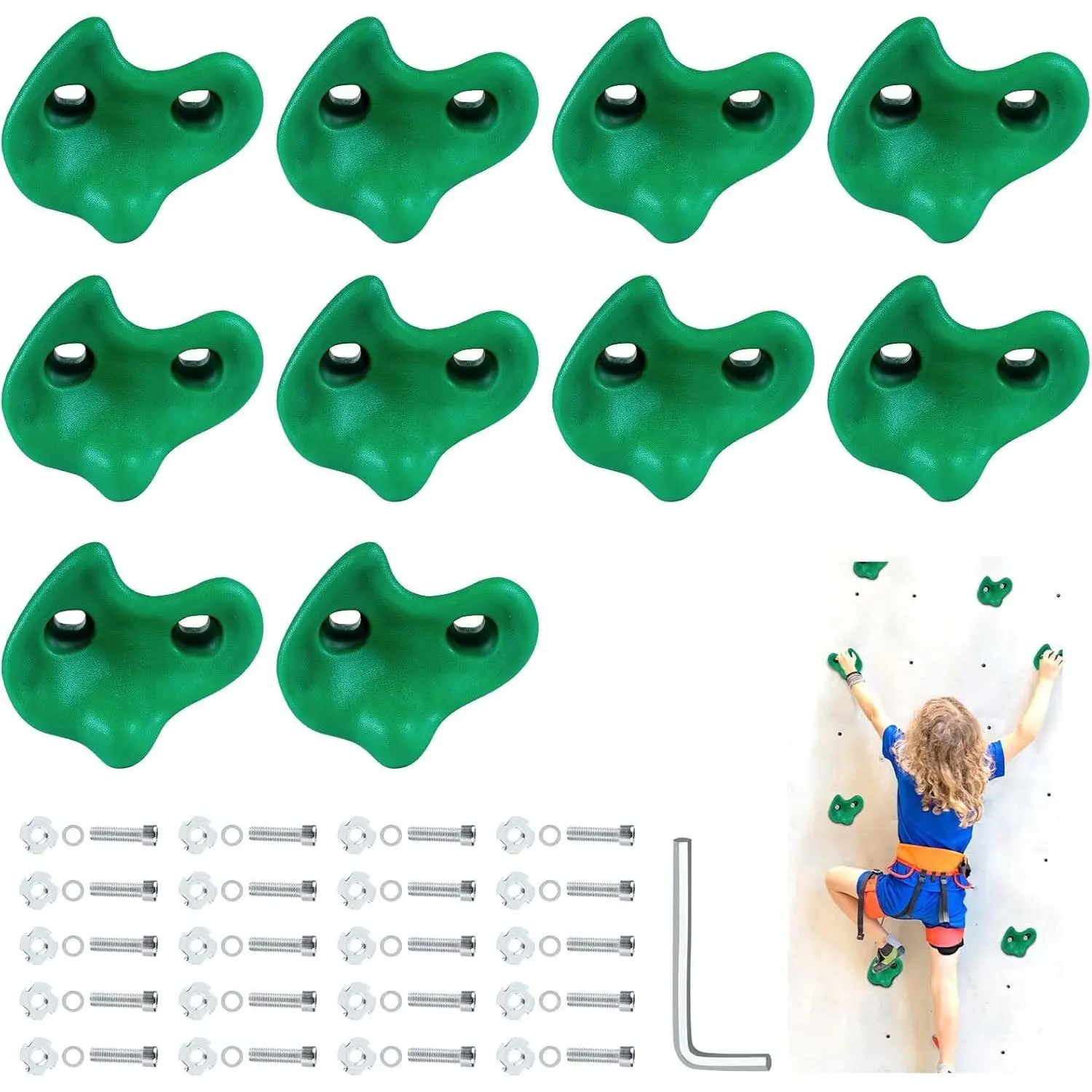 10PCS Green Extra Large Rock Climbing Holds, Kids Rock Climbing Wall Grips with Mounting Hardware and Wrench for Indoor Outdoor Playground, Can Be Installed on Wooden Board