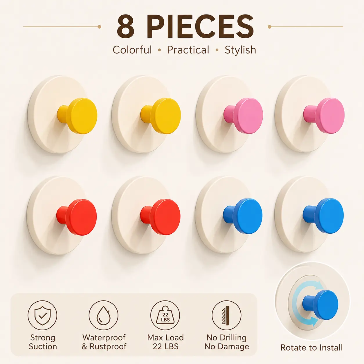 8PCS Heavy Duty Suction Cup Hooks, No Drill Damage-Free Wall Hooks for Bathroom, Kitchen, Shower Tile, Glass & Towels