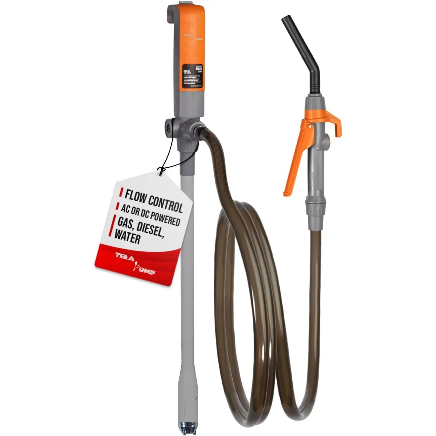 TERA PUMP 3rd Gen. Fuel Transfer Pump w/Quick Flow Control Nozzle | 2X Electric Power Options: 12V AC/DC Plug-in & DC Inverter Clips, 8.2FT Discharge Hose, Gas, Diesel, Water, 2.4 GPM