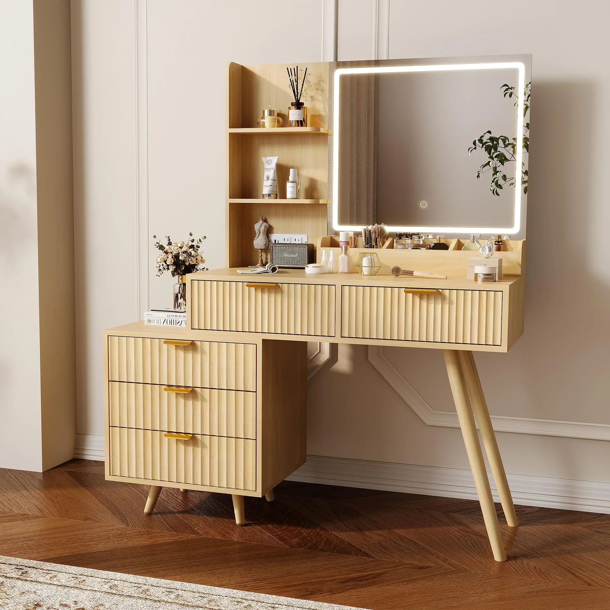 Makeup Vanity Table with Lighted Mirror – 3-Color LED, Power Outlet, 5 Drawers, Storage Shelves, Wave Panel Design – Modern Bedroom Vanity Desk, Without Chair