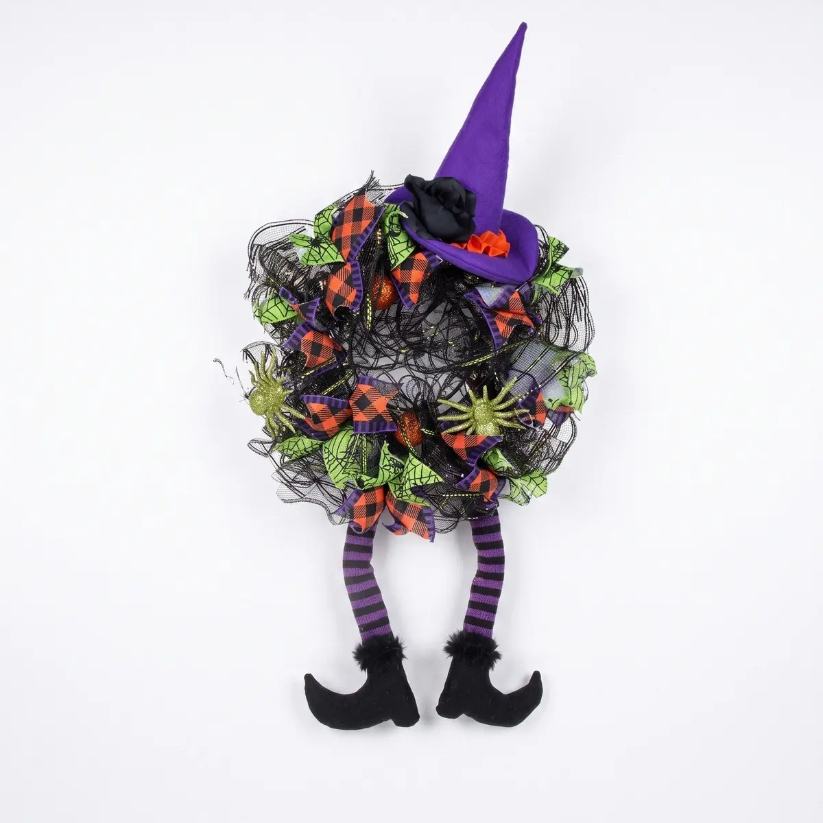 Halloween Wreath Witch, Halloween Wreaths for Front Door with Witch Hat Leg Mesh Decor, Halloween Decorations Indoor Outdoor Spooky Gift
