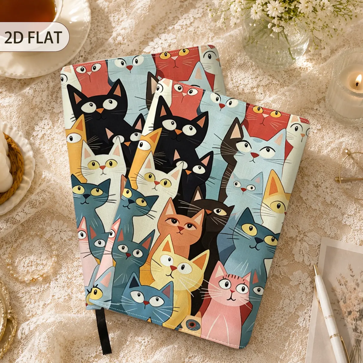 1pc A5 2D Flat Printed Book Cover, Multicolor Stacked Cartoon Cat Face Seamless Pattern Notebook Protective Sleeve, Practical Back to School Supply, Fun Unique Thoughtful Teacher Appreciation Present