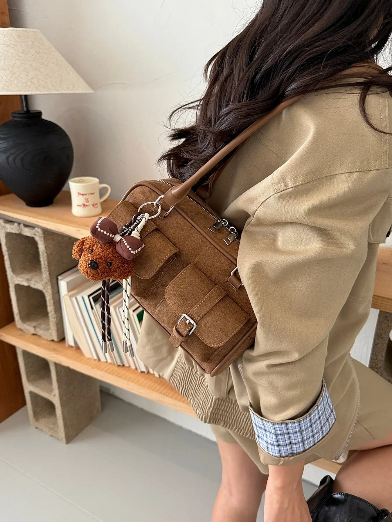 2026 New Maroon Retro Suede Crossbody Bag for Women, Dual Pocket Buckle Rectangular Boston Bag, Plush Bear Charm Commuter Shoulder Bag