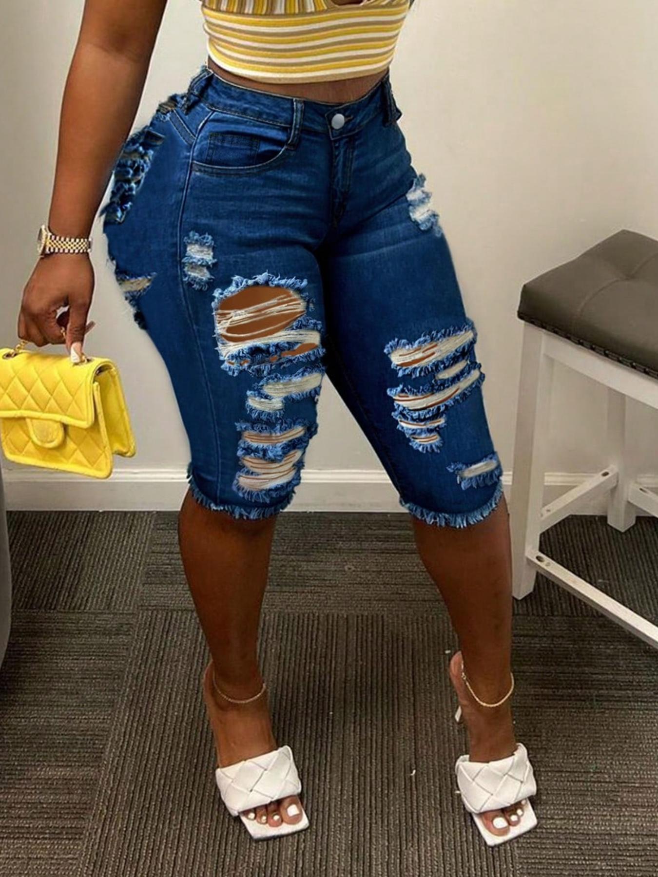 Women's Ripped Button Fly Denim Shorts, Casual Comfy Skinny Shorts for Daily Wear, Ladies Bottoms for Summer, Womenswear