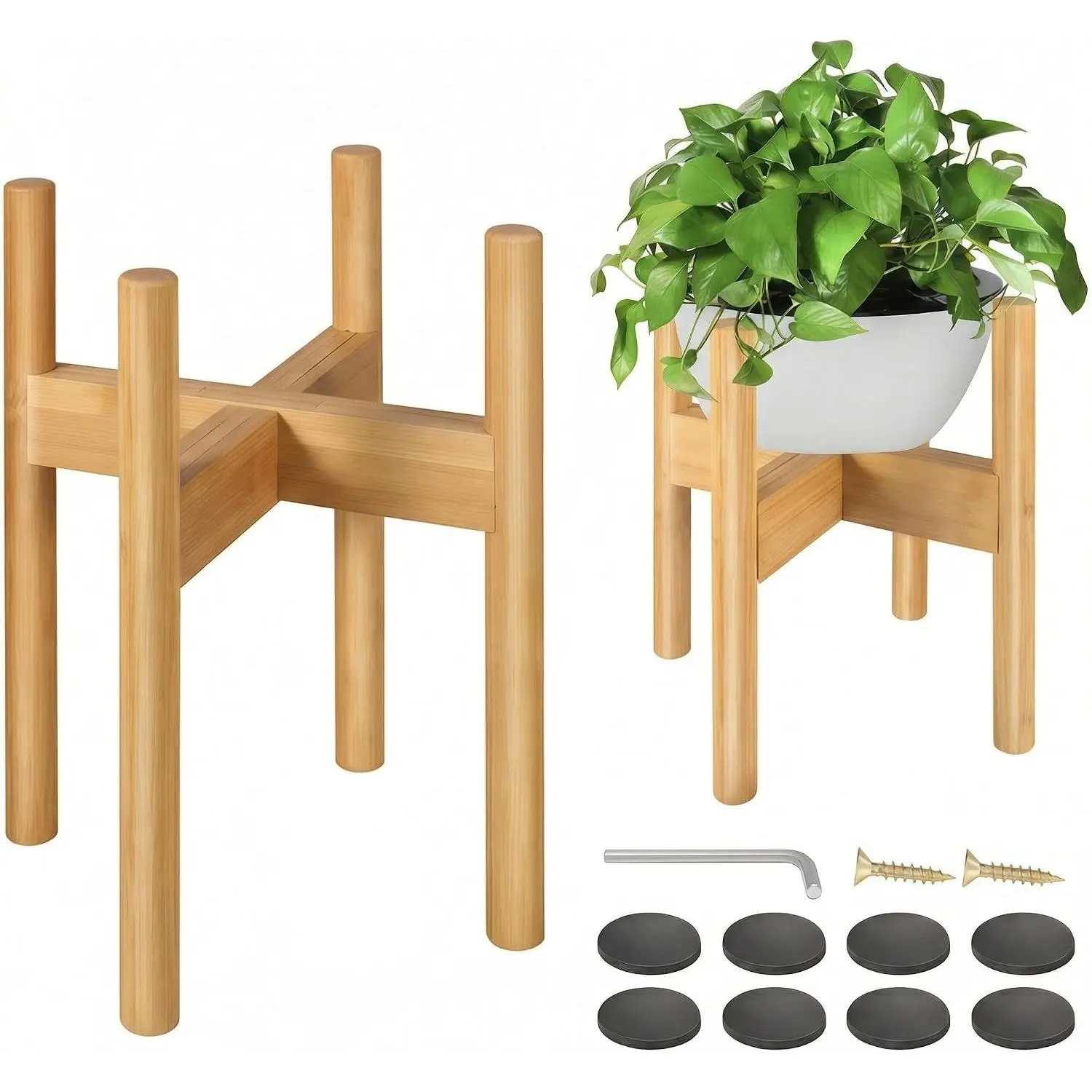 2 Pack Bamboo Plant Stands, Adjustable Plant Stand Indoor | Mid Century Modern Plant Stand, Plant Holder for Living Room, Balcony Fits 8 to 12 Inches Pots (Beige)