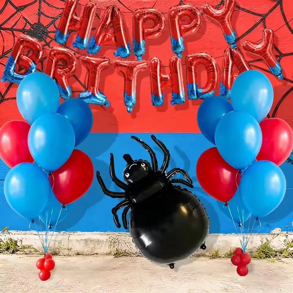 24pcs Spider Birthday Balloon Set, Hero Theme Happy Birthday Banner, Spider Aluminum Balloons, and Blue Latex Balloons Decorations