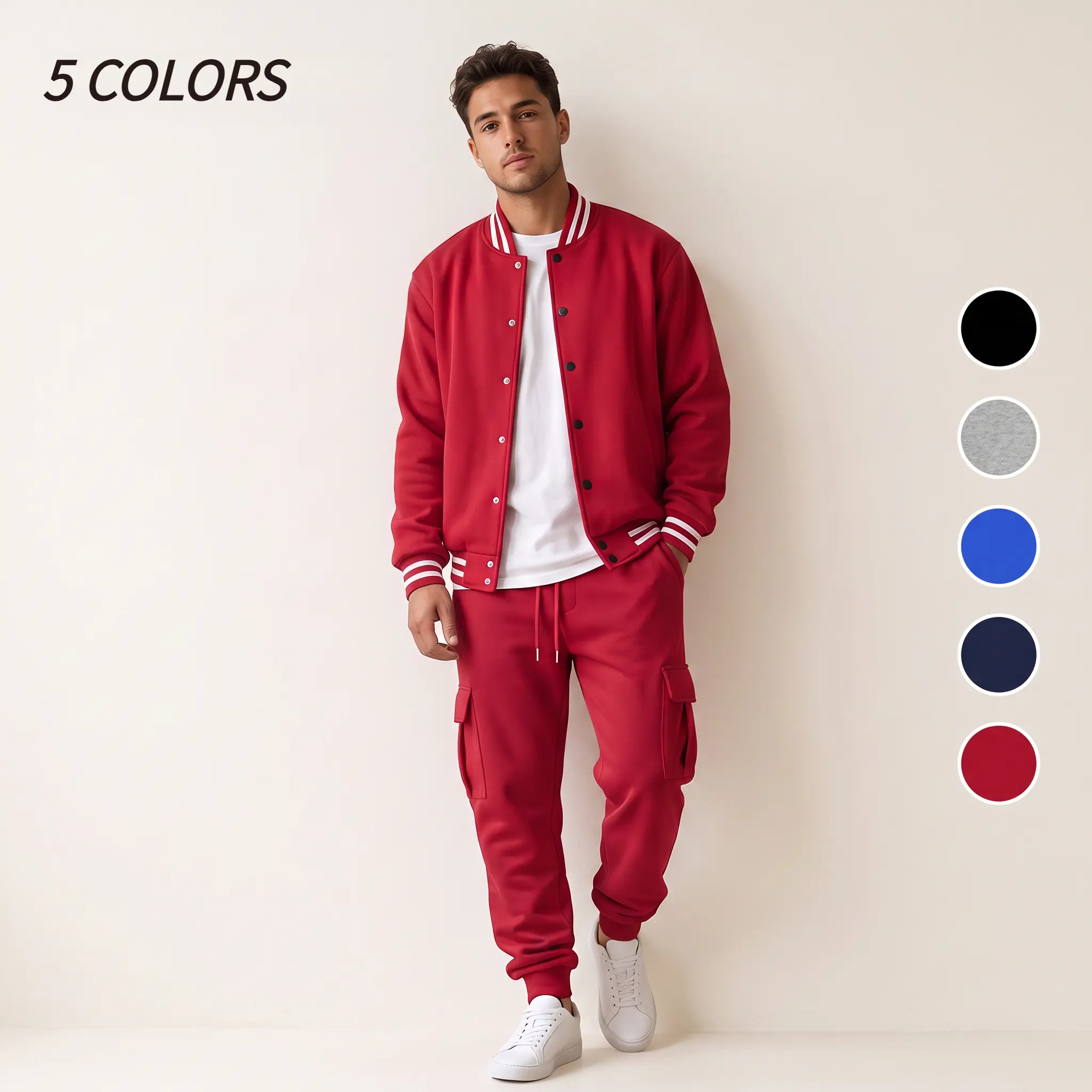 Men's 2 Piece Varsity Tracksuit Set Snap Button Baseball Jacket and Drawstring Cargo Jogger Pants with Striped Ribbed Trim for Fall Streetwear and Travel Available in 5 Colors