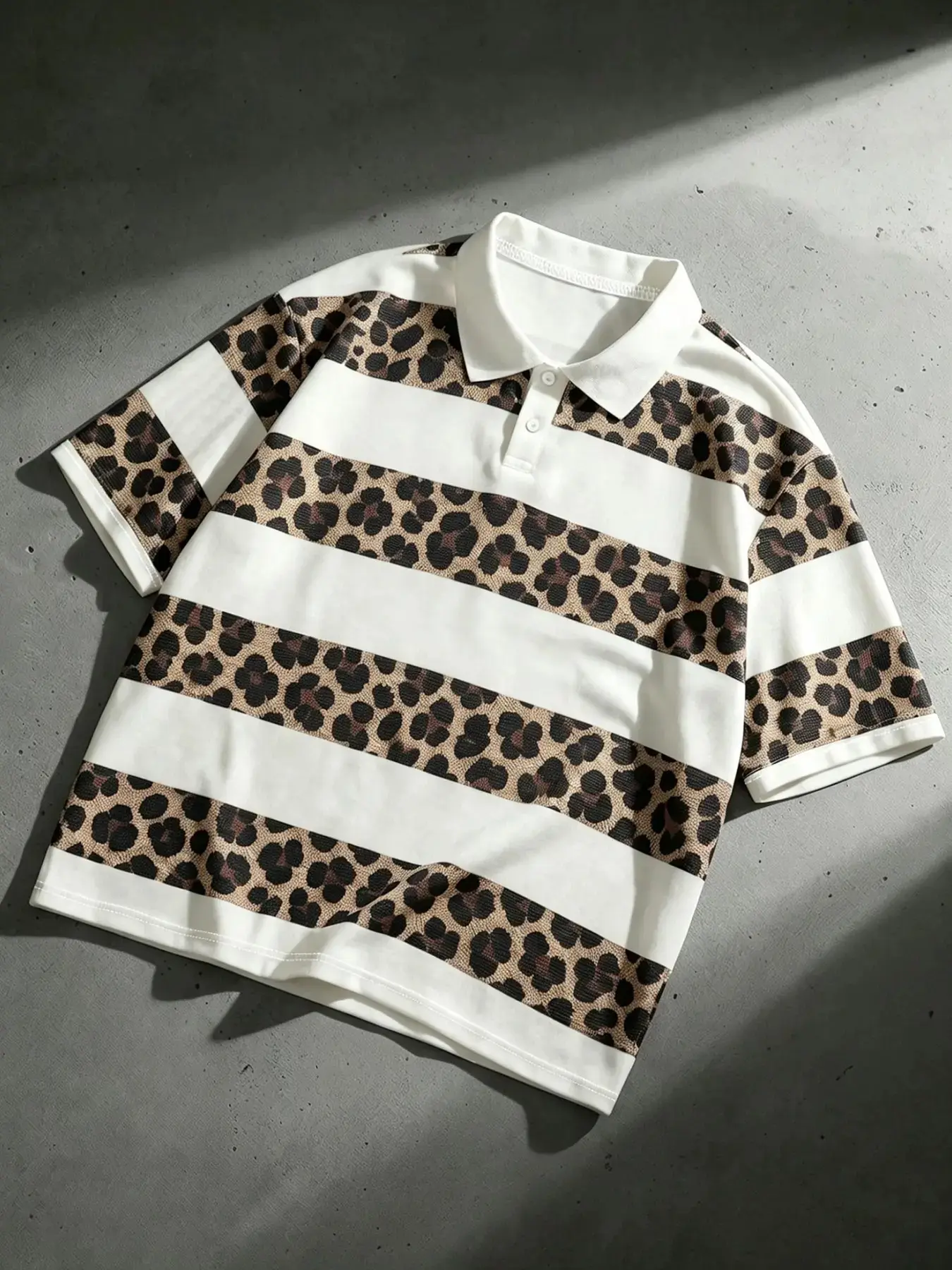 Vintage Leopard Striped Summer Polo Shirt, Classic Collar Double Button, Loose Fit, Y2K Street Style, Casual, Breathable Mesh Fabric, Unisex