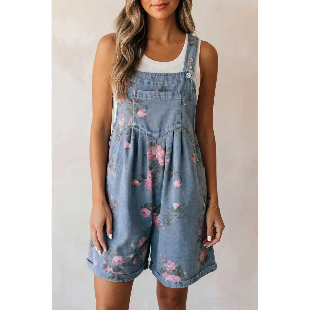Women's Sleeveless Vintage Denim Overalls - Woven, Adjustable Straps, Floral Print, Pleated Wide Legs, Pockets, Comfortable Cotton-Polyester Loose Fabric, Button Closure, Above-The-Knee, Cold Wash, Casual Summer Jumpsuit for Everyday Wear, Vacations