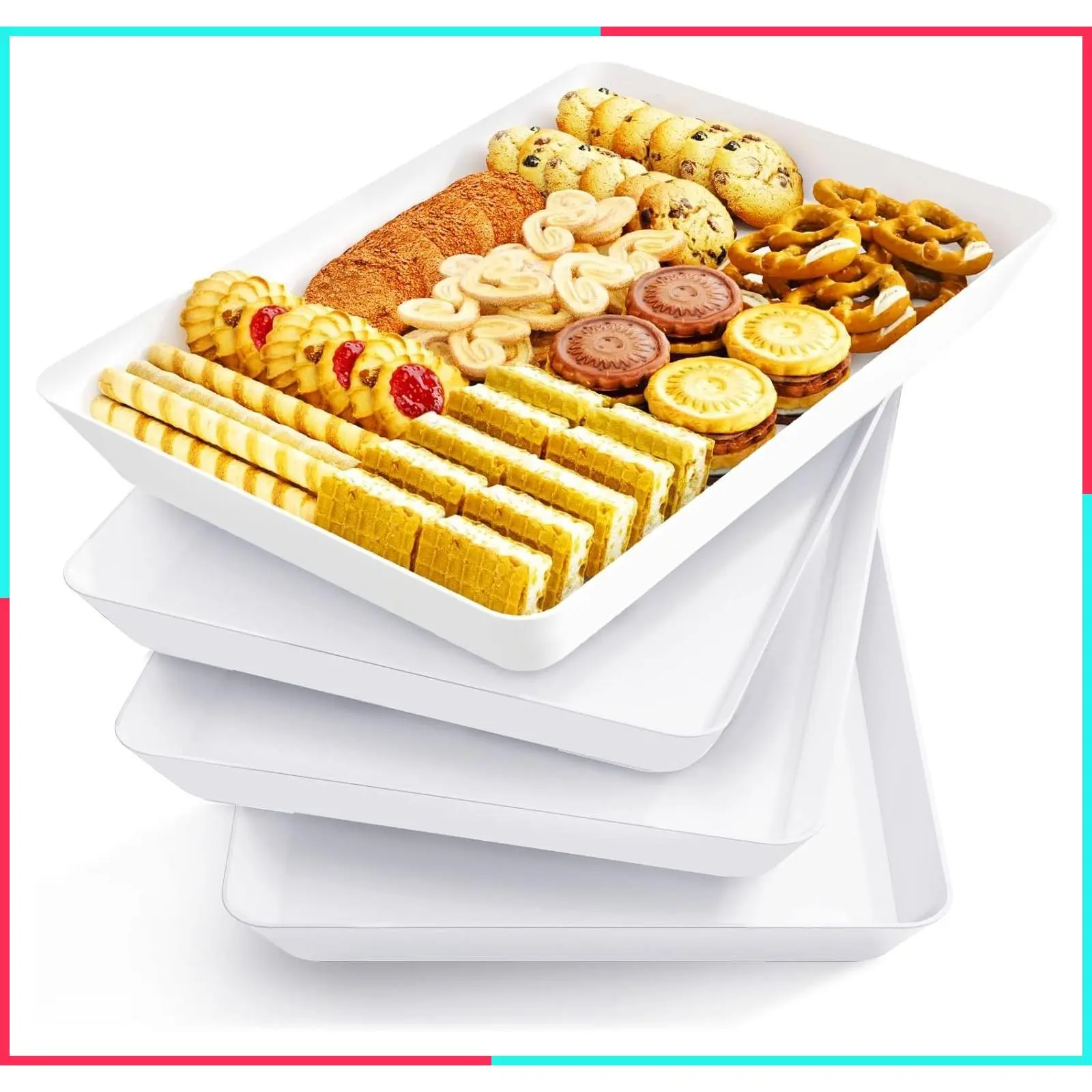 4 Pcs Serving Tray for Party, Reusable BPA-Free White Plastic Food Platter for Desserts, Snacks, Fruit, Appetizers & Charcuterie, Catering Dish for Buffet Display & Party Supplies