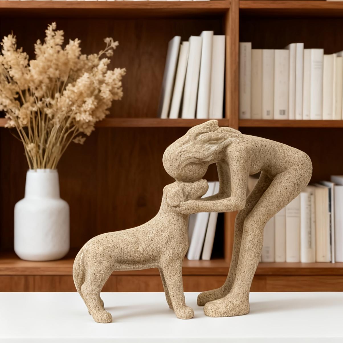 Woman Kissing Dog Resin Sculpture, Elegant Pet Interaction Art, Indoor Outdoor Home Decor, Durable Resin Figurine, Perfect Gift