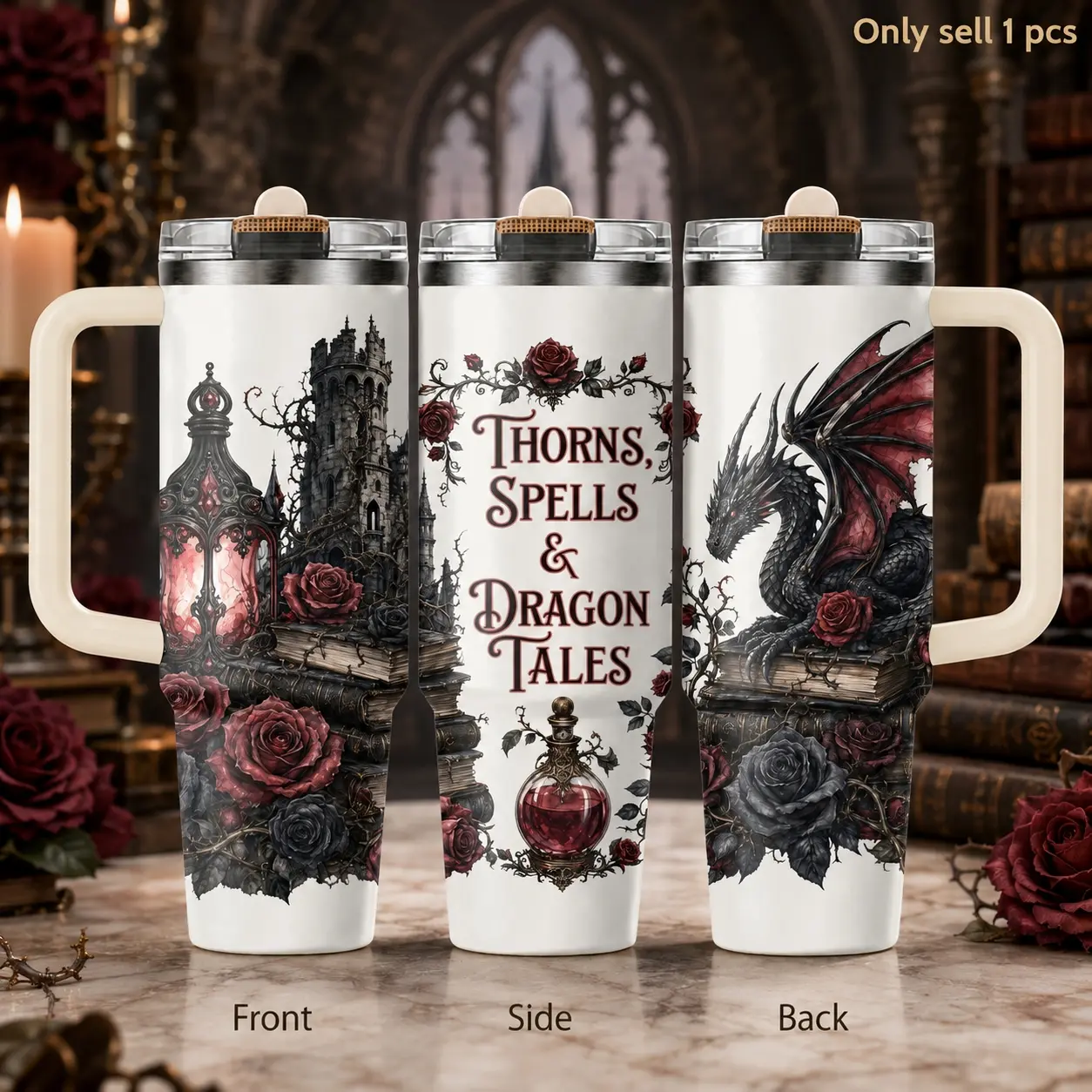 Fantasy Dragon Book 40oz Tumbler – Magical Literary Stainless Steel Insulated Mug with Handle & Straw Lid for Coffee, Water, Reading Nook, Office, Car, Dragon Lover Gift for Book Fans
