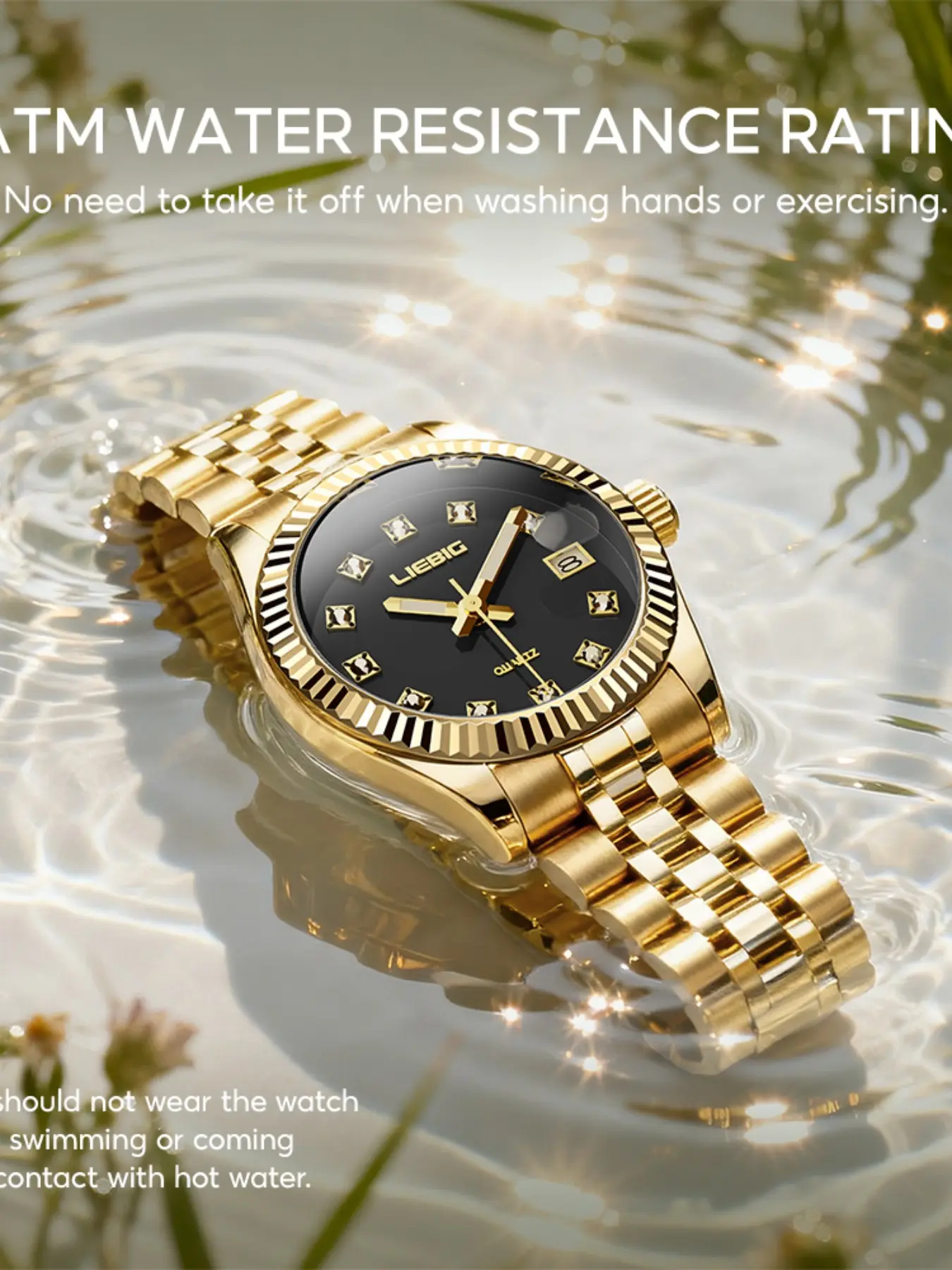 Liebig Women's Watch Gold Steel Band Diamond Markings, Elegant Design, Multi-Occasion Accessory, Fashionable Waterproof Watch, 3atm Water Resistant, Perfect Gift