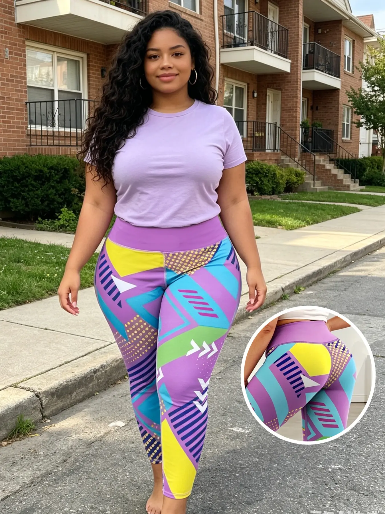 Best-selling plus-size women's trousers: lilac polka dot print, skinny yoga leggings, High Waists Leggings. Stretch, high-waisted, breathable and cool for summer. Stylish, sporty and casual for adults, suitable for the gym