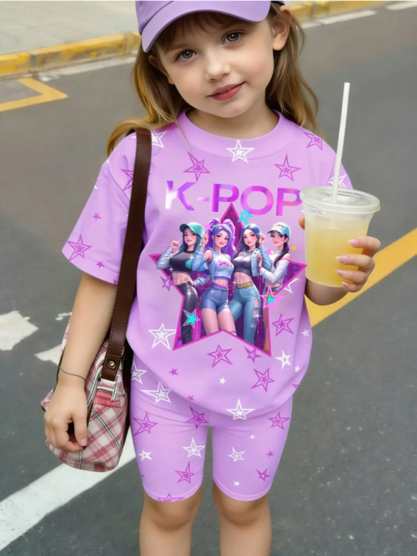 Summer Casual Fashion Creative Star T-Shirt and Yoga Shorts Set, Virtual Girl Group Slogan Print, Spring