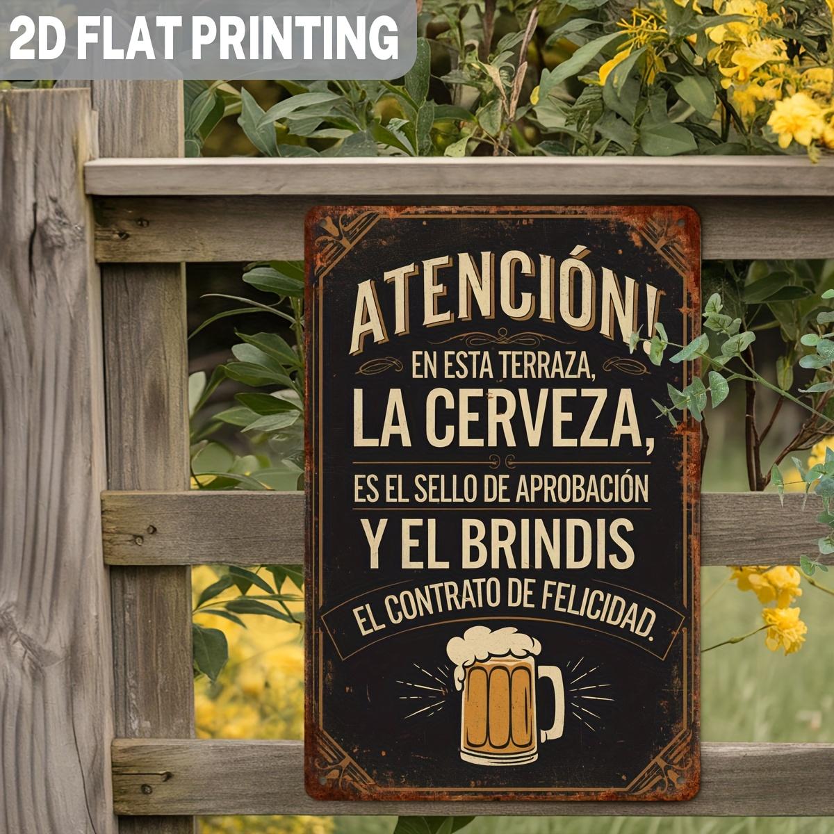 Spanish Phrase "On This Terrace" Metal Sign – Vintage Humorous Beer Approval Seal & Toast Agreement Wall Decor – Retro Iron Bar Sign for Kitchen, Cave, Patio – Spanish Language Gift for Home & Outdoor – 2D Flat, 1pc