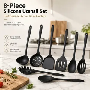 8 Piece Heat Resistant Silicone Kitchen Utensil Set, Non Stick Safe Cooking Spatula Spoon Pasta Fork Cookware Tools