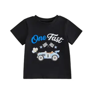 Canrulo Toddler Boys Birthday Tee Crewneck Short Sleeve Race Car One Fast Letter Print Kids Casual T Shirt