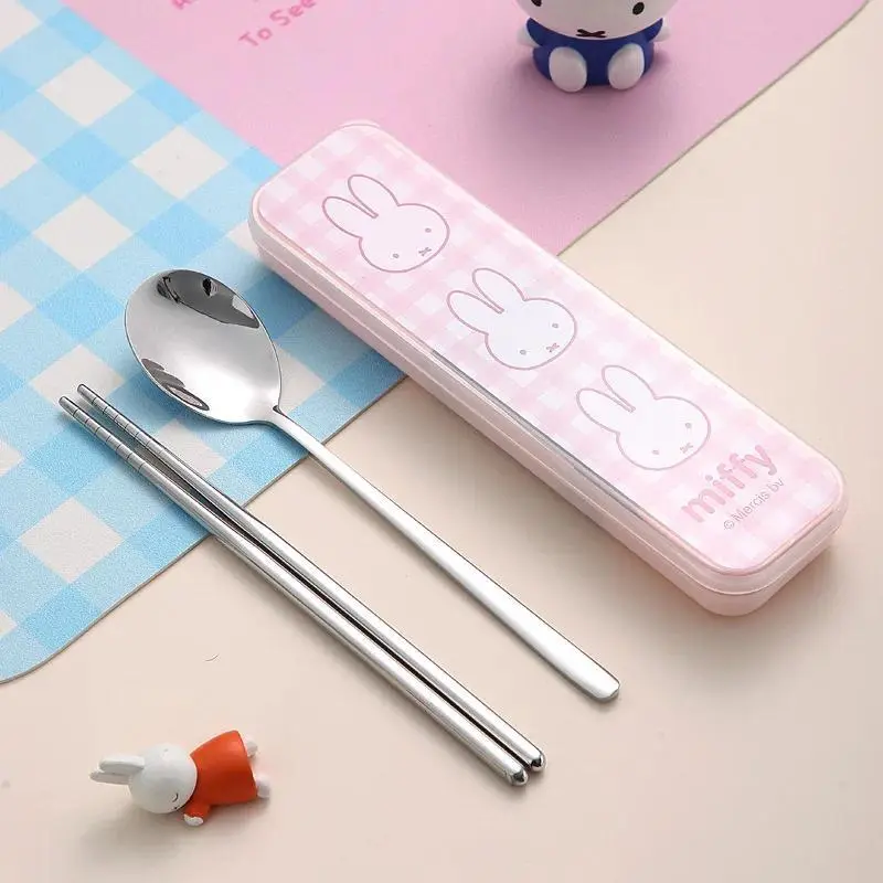 2Pcs Kawaii Miffy 304 Stainless Steel Tableware Set Portable Chopsticks Spoons and Utensils Student Outdoor Storage Box