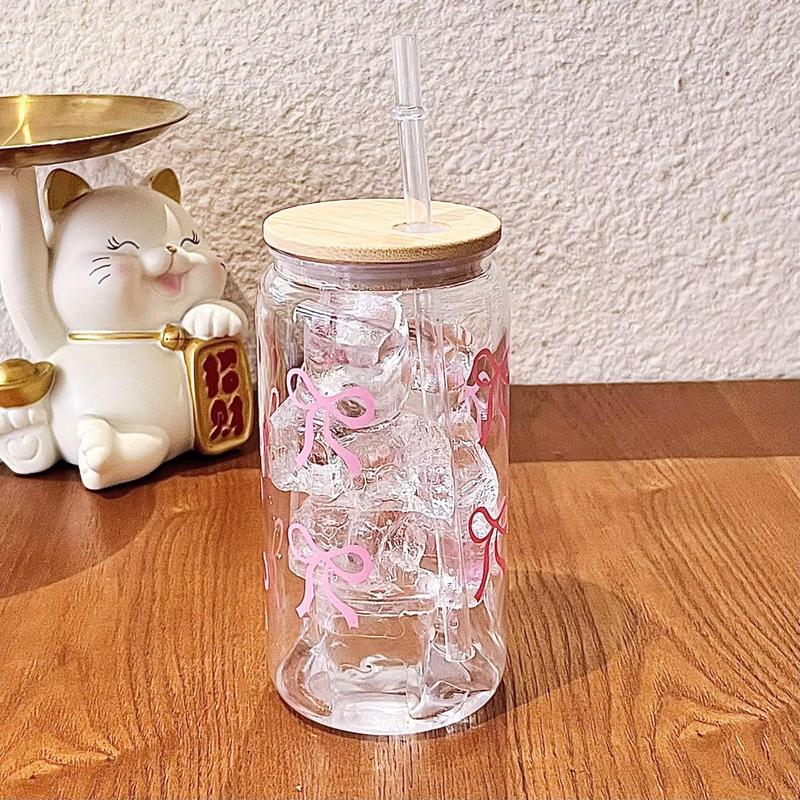 1 piece bow printed water cup with lid and straw, 16 oz canned water cup, ice coffee cup, suitable for tea, juice, milk, birthday gift, suitable for office, restaurant, classroom, picnic, party, Valentine's Day and New Year, Reusable Water Bottles