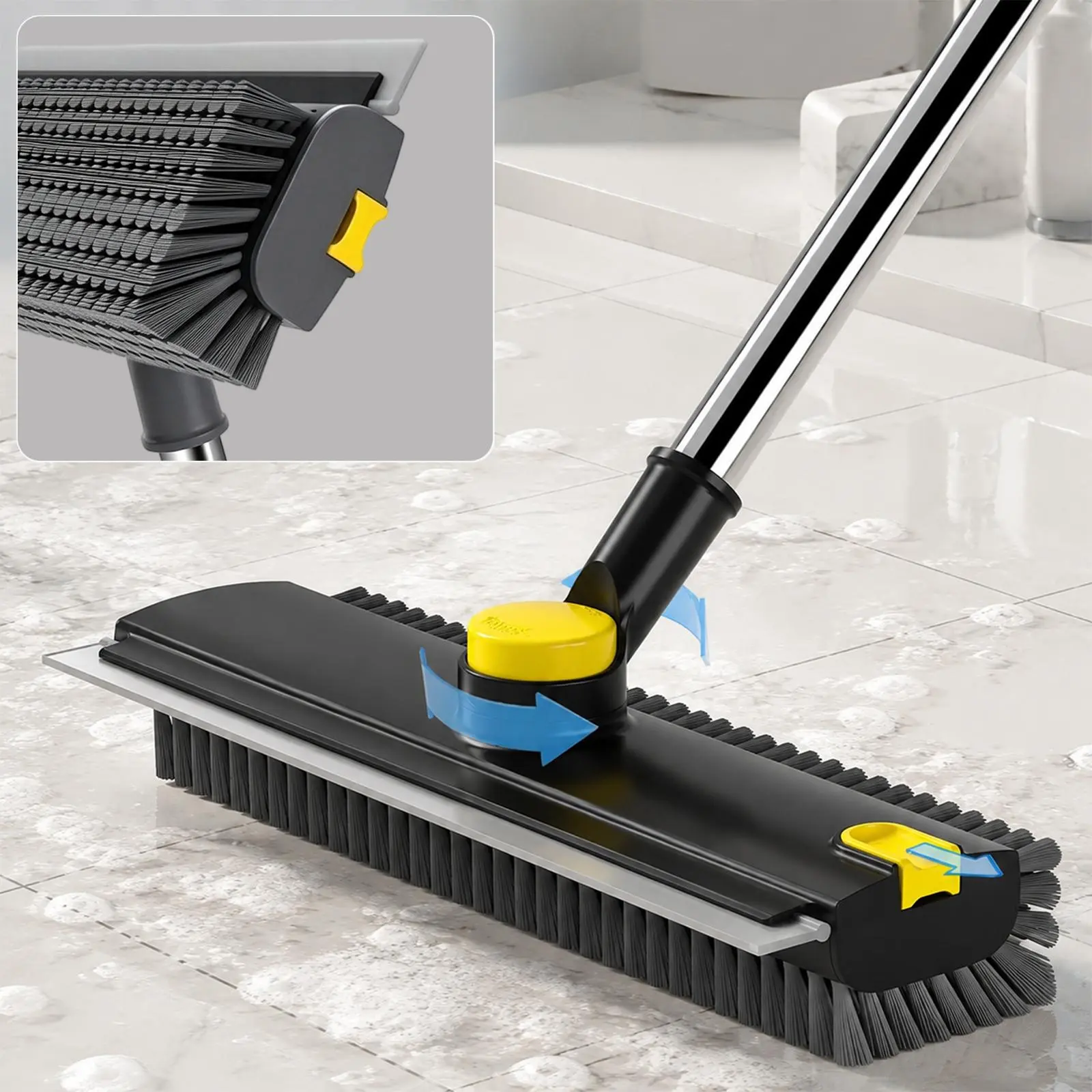 2-in-1 Bristle Squeegee Floor Brush with Thickened Stainless Steel Telescopic Segment Splice Extended Pole, Universal Rotating Head Home Cleaning Tool for Bathroom, Balcony