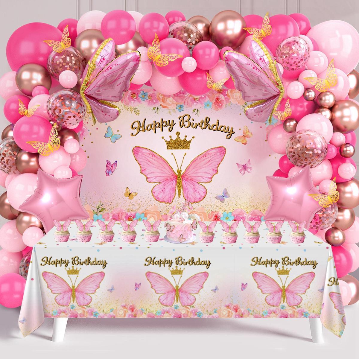Butterfly Pink/Purple Balloon Tablecloth Backdrop Set,94pcs Pink Butterfly Latex Balloon Girls Birthday Party Decoration,Happy Birthday  Balloon Arch Kit