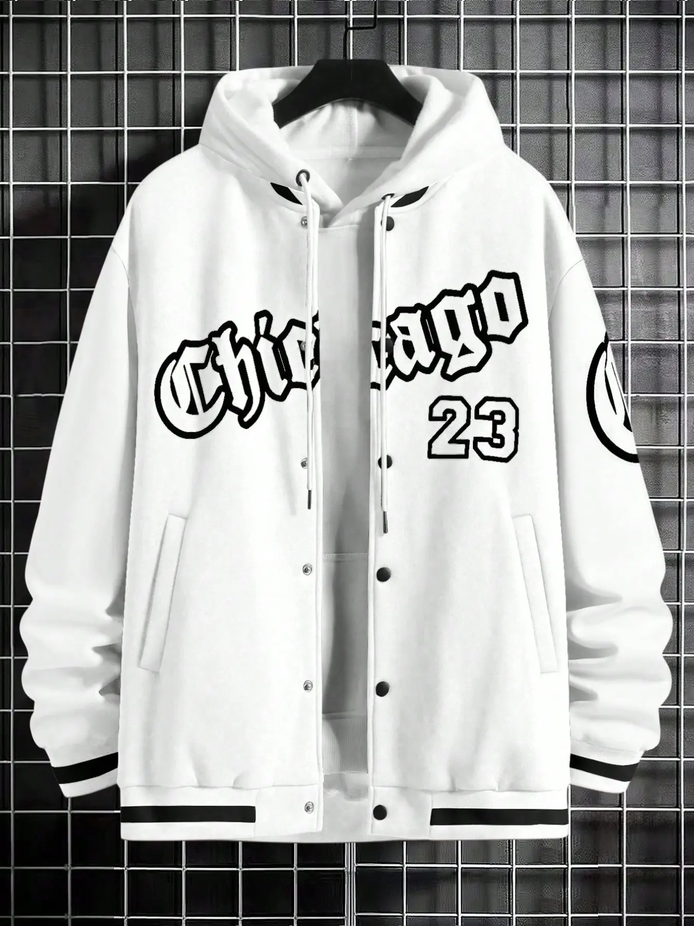 Hooded Baseball Pullover Jacket, Vintage Chicago23 Letter Print, Button Closure, Contrast Ribbed Hem, Loose Fit, Street Style