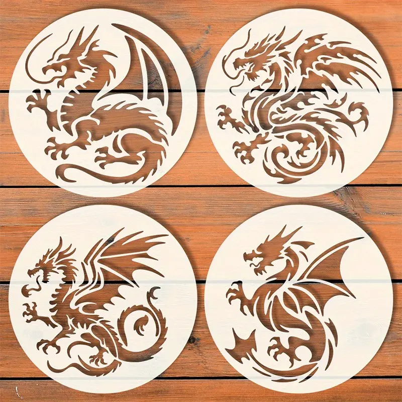 Western Dragon Pattern Templates, 4 Unique Designs, 6.04x6.04 Inches, Ideal for Wood, Canvas, Wall Decor, Home Party, DIY Crafts
