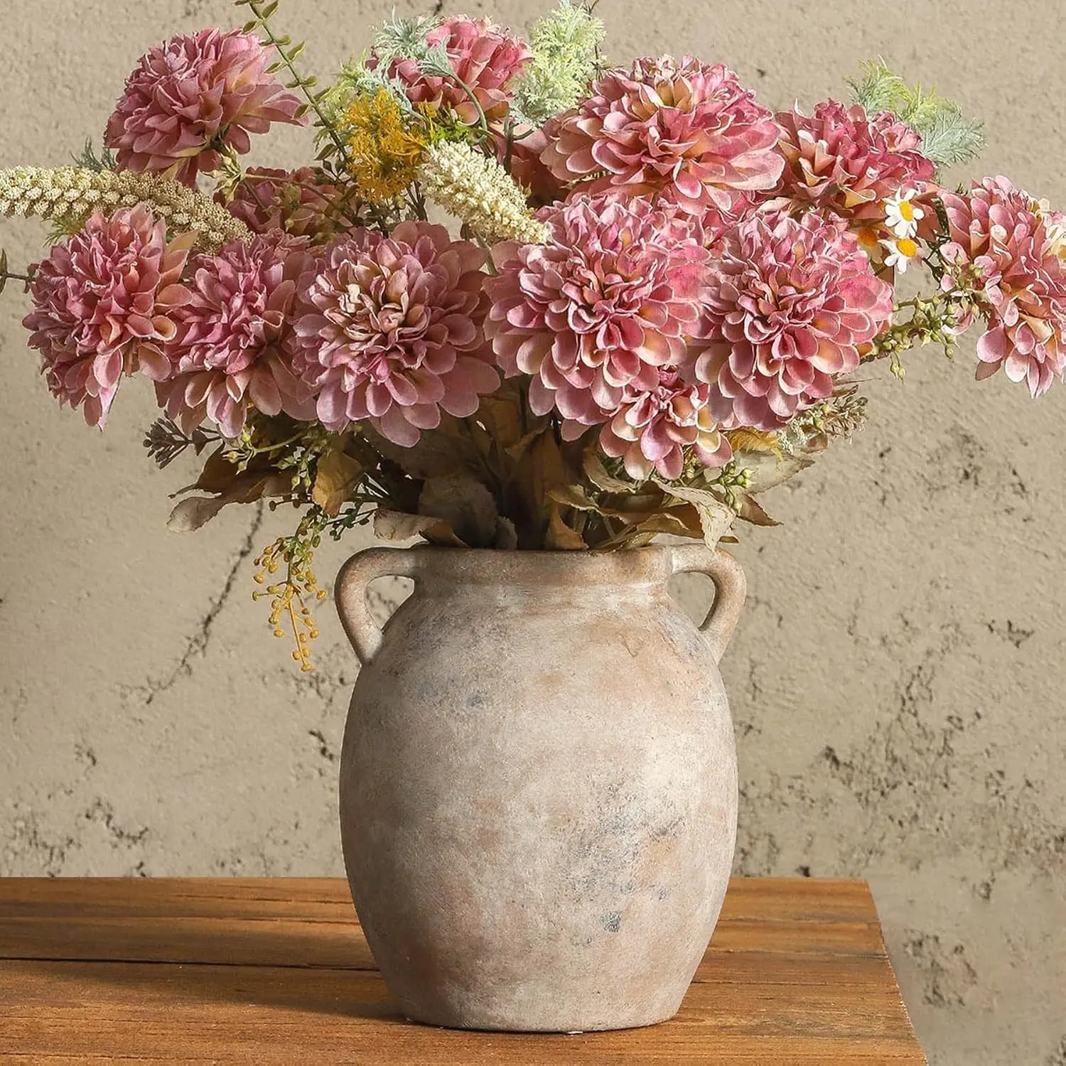 Ceramic Flower Vase 7.6 inch Farmhouse Rustic Vase Decorative Pottery Terracotta Vases for Home Decor Table Mantle Fireplace Living Room Bathroom Wedding Centerpiece (Whitewashed)