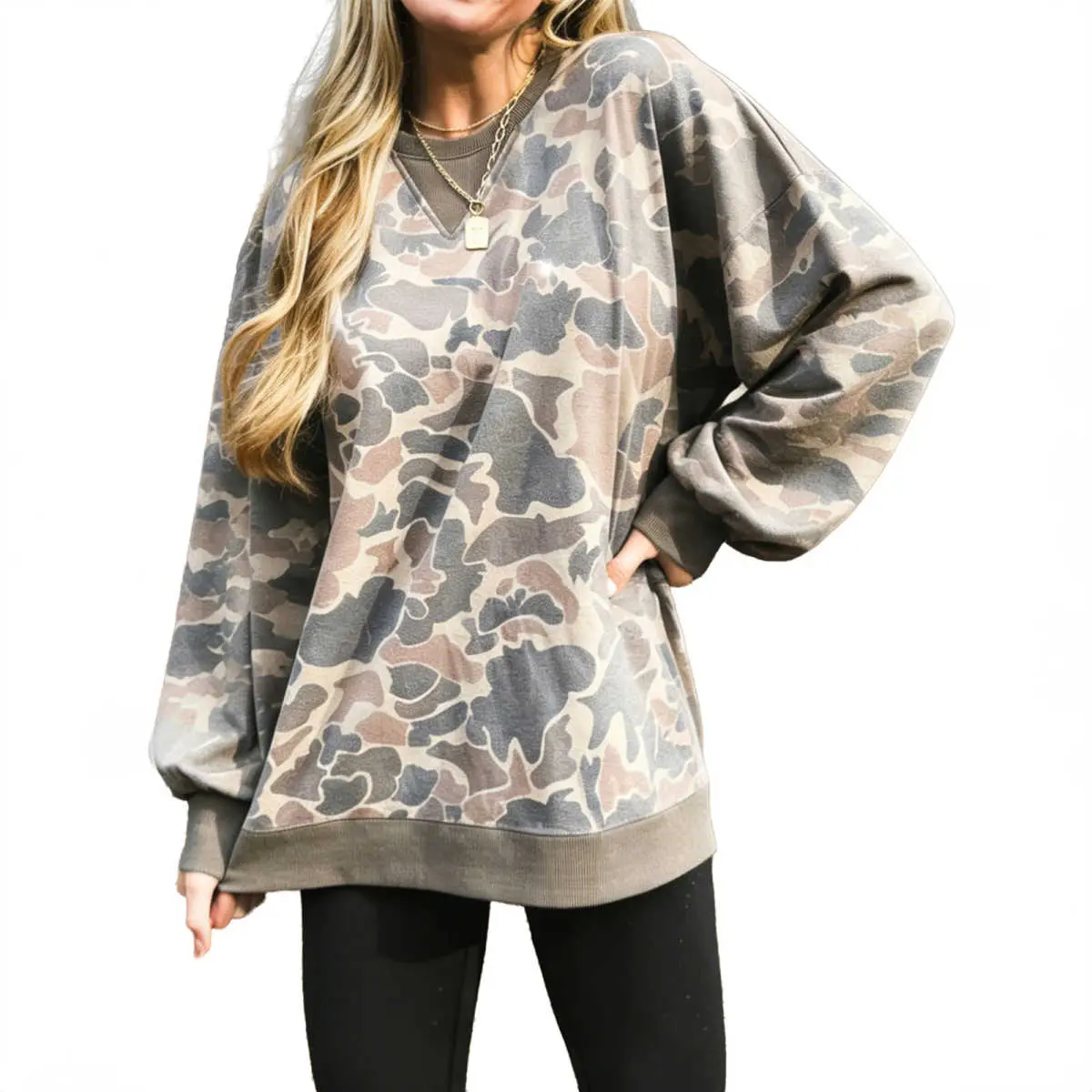Women’s Camo Print Crew Neck Long Sleeve Sweatshirt, Ribbed Trim Loose Fit Casual Pullover Top, Polyester, Everyday
