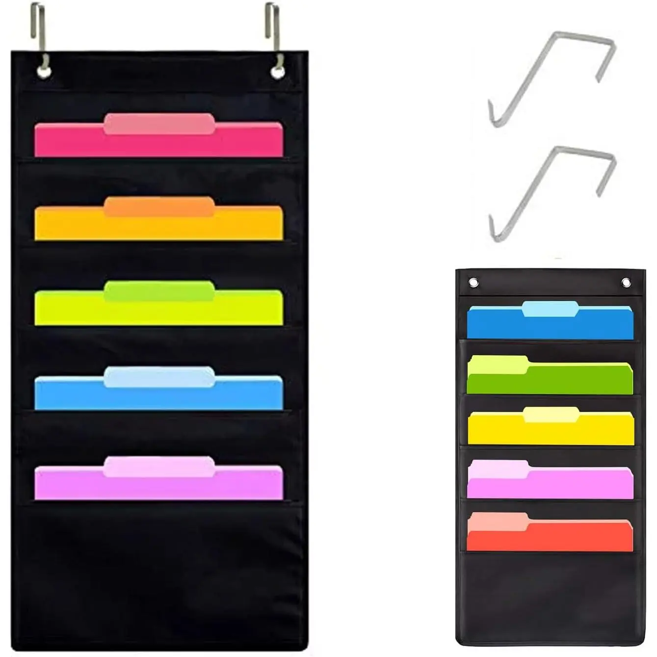 Wall File Organizer, 5 Pocket, Black Wall Storage Pocket Charts with 2 Hangers, Oxford Cloth Storage Pocket, Over The Door File Organizer,  for Classroom,  or Office Use (5 Pocket)