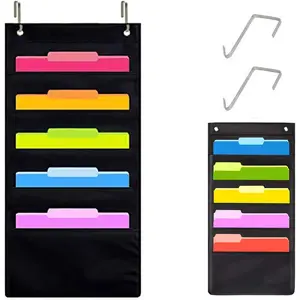 Wall File Organizer, 5 Pocket, Black Wall Storage Pocket Charts with 2 Hangers, Oxford Cloth Storage Pocket, Over The Door File Organizer,  for Classroom,  or Office Use (5 Pocket)
