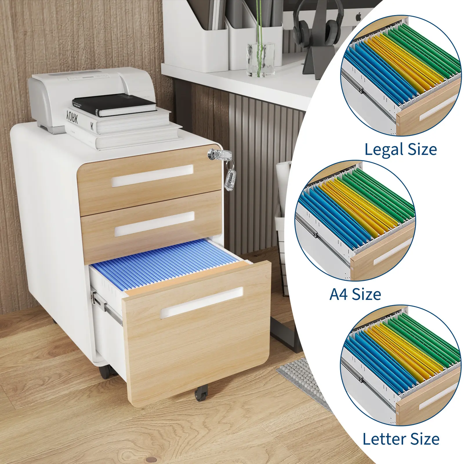 3 Drawer Metal File Cabinet with Lock, Fully Assembled Mobile Storage Organizer Under Desk, Anti Tilt 5 Wheel Rolling Filing Cabinet Fits A4 Letter Legal Matte, Matte Black, Carbon Steel