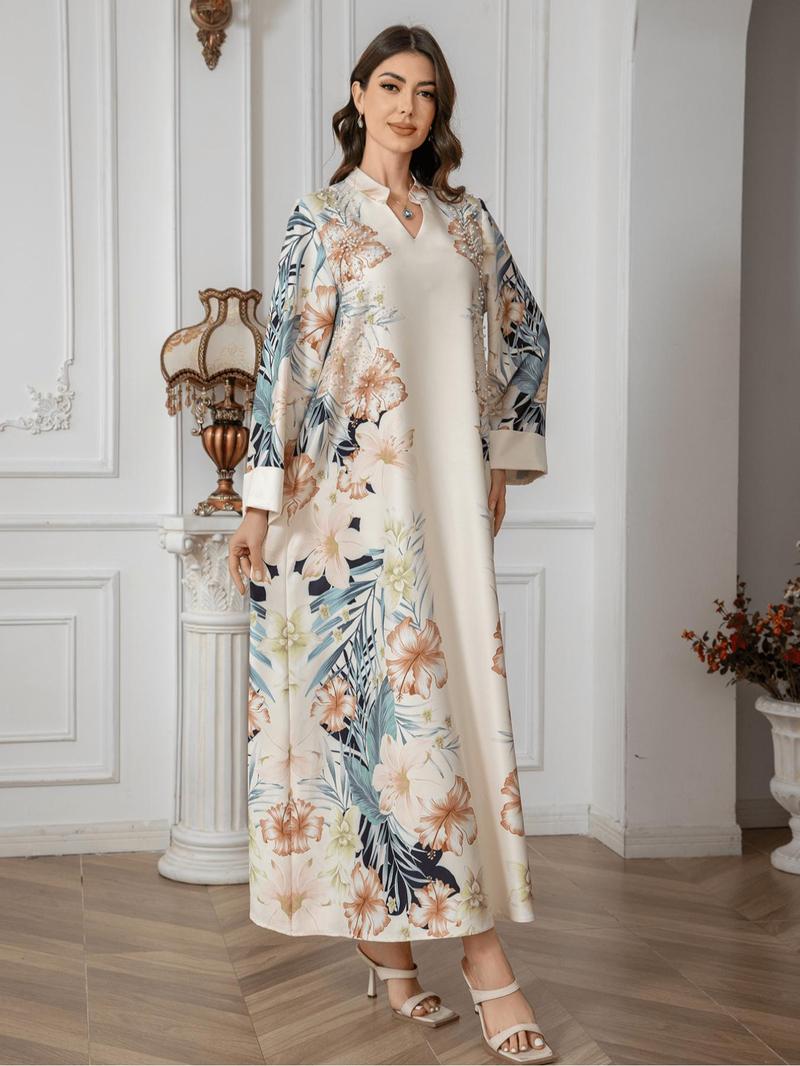 Women's Floral Print Long Sleeve Dress, Kaftan Dress, Elegant Fashion Casual Long Dress for Daily Outdoor Wear, Women's Islamic Clothing for All Seasons, Islamic Muslim Clothing, Modesty Muslim Clothing, Muslim Women Gowns