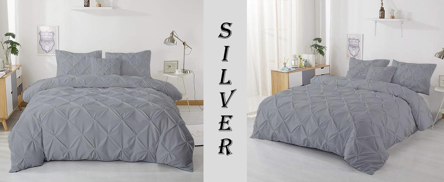 Pleated Pintuck Duvet Cover Set Oversized King 120x98 Inch 100% Microfiber Soft and Breathable 3 Pieces Comforter Cover Zipper Closure & Corner Ties Silver Grey