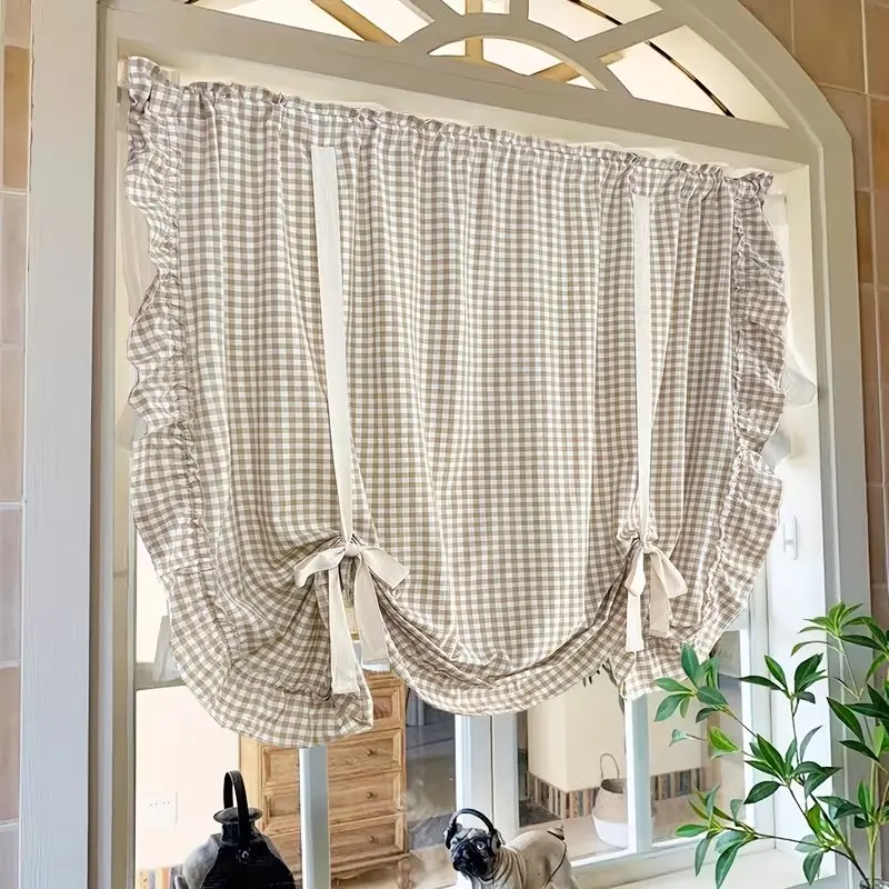 1pc Japanese Retro Plaid Drapes with Rod Pocket, Ideal for Kitchen, Door, Small Windows, Home Decor, Boho Style Curtains