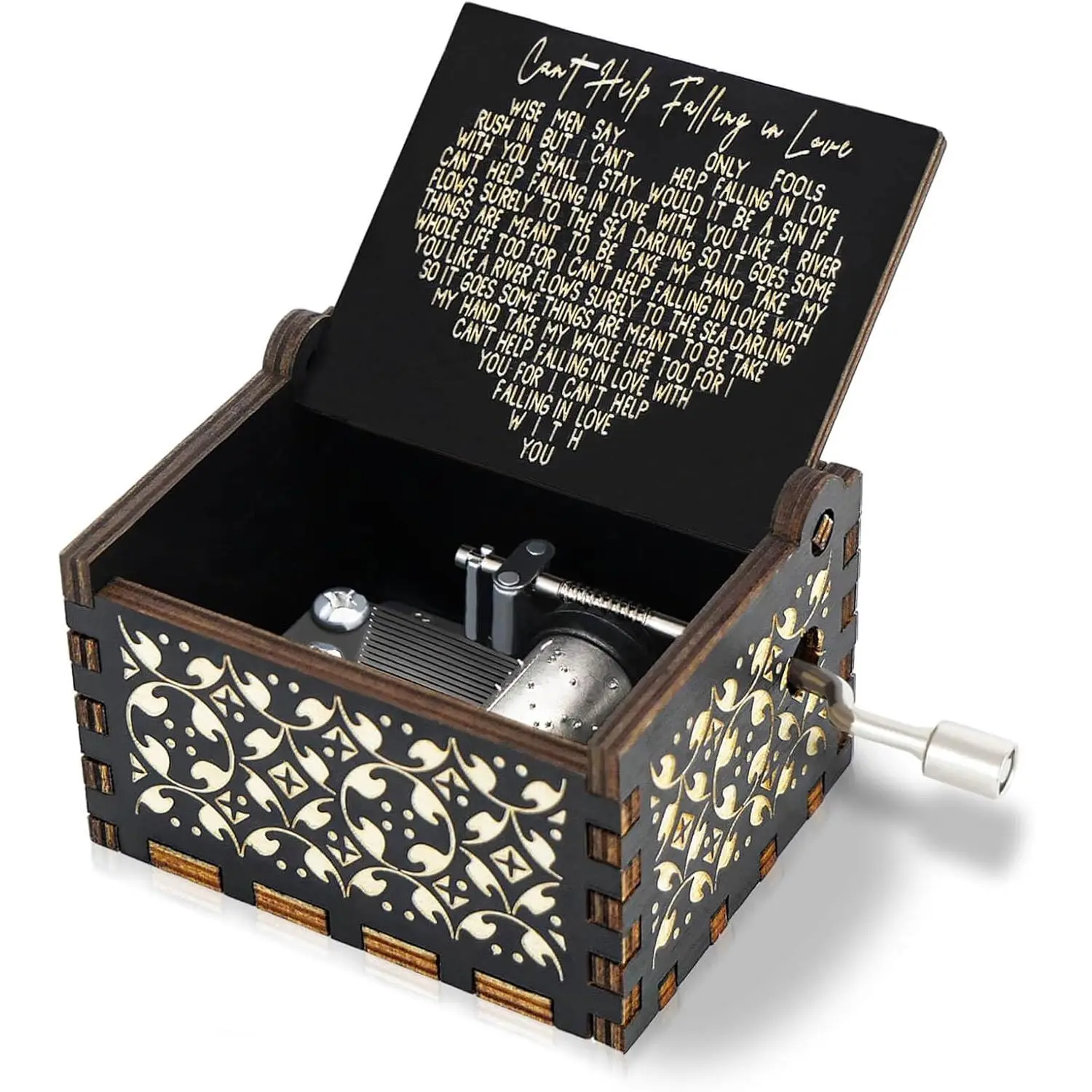 Can't Help Falling in Love Music Box, Hand Crank Vintage Wood Engraved Musical Boxes Case, Anniversary Valentines Birthday for Lover, Boyfriend, Girlfriend, Wife, Husband (Black)