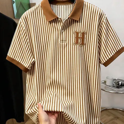Men's Vintage Striped Slim Fit Polo Shirt, Gothic H Letter Print Contrast Neck Casual Short Sleeve T-Shirt, Retro College Style Summer Top, Printed Polo Shirts