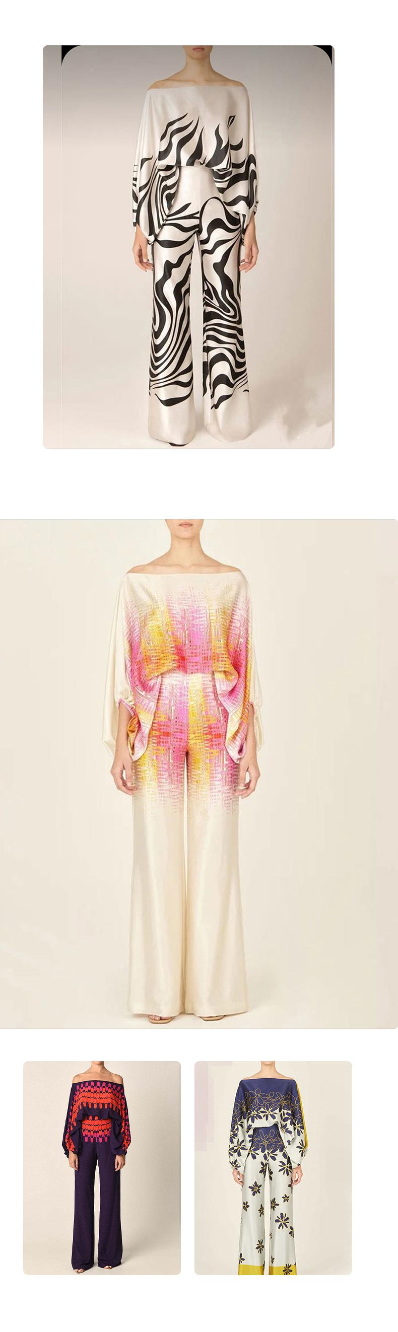 2026 Spring New Women's Clothing Set Printed Batwing Sleeve Waist-Cinching Wide-Leg Pants Set