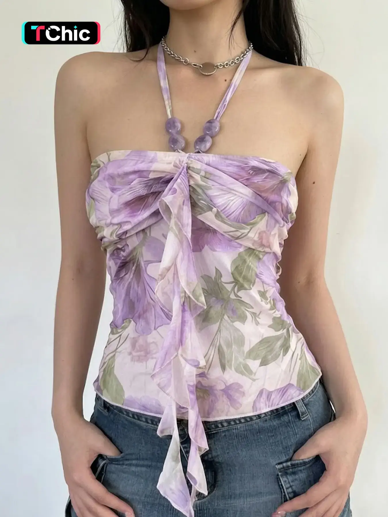 Summer New Colorful Print Ruffle Beaded Halter Top, Short Sleeveless Cami, Casual Chic Sleeveless, Floral Pattern, Keyhole Back, Casual Holiday Style, Casual Sleeveless Cropped