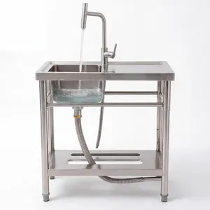 Stainless Steel Utility Sink Freestanding Laundry Tub with Commercial Worktable Single Bowl Catering Sink Unit with Faucet Storage Shelves Base for Garage Basement Outdoor Restaurant Dog Bath Station
