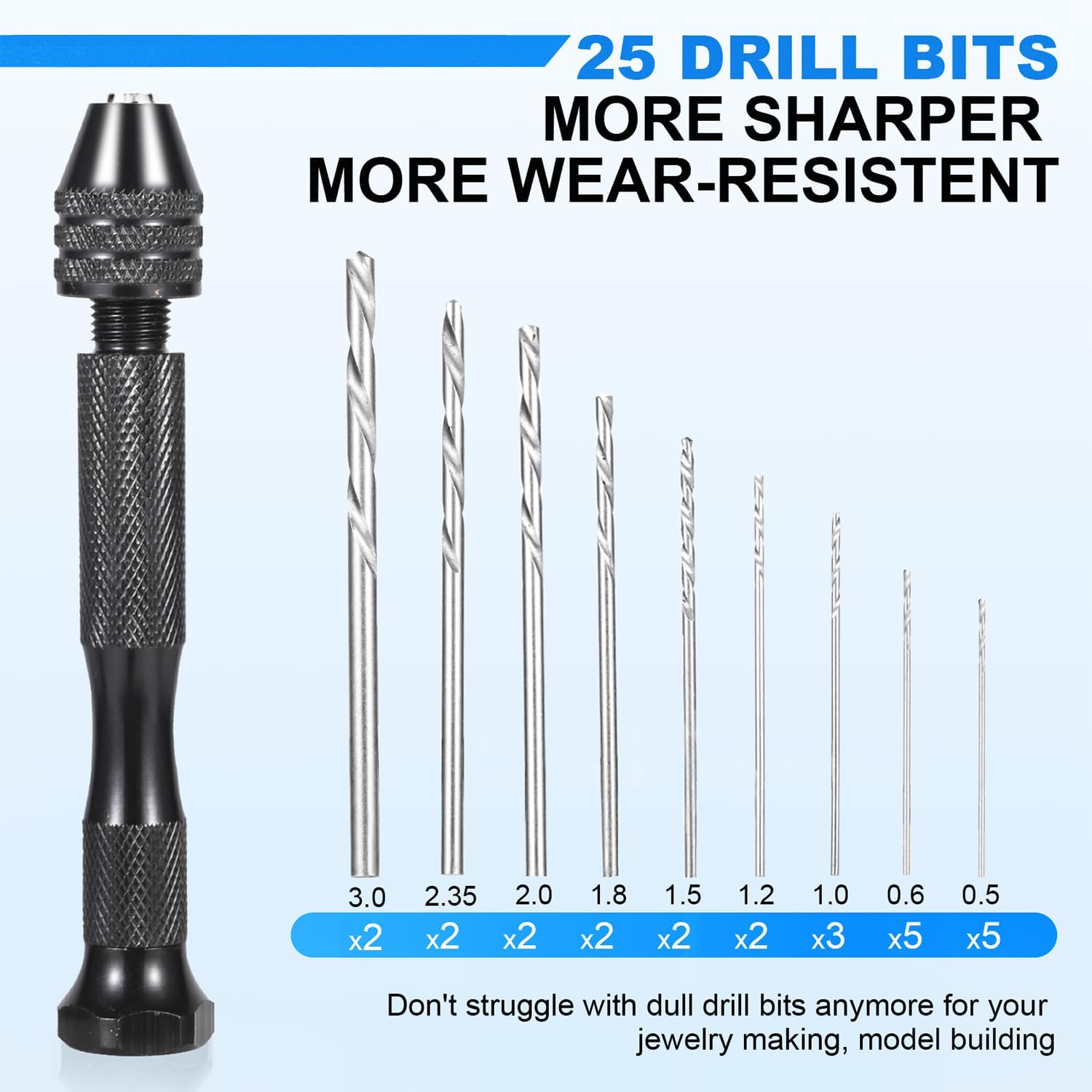 26 count  Drill Bit Set, Pin Vise Hand Drill Manual  w/ Drill Bits (0.5mm-2.5mm), Rotary Craft Drill for  Making, , , Plastic, Miniature, Beads, Clay