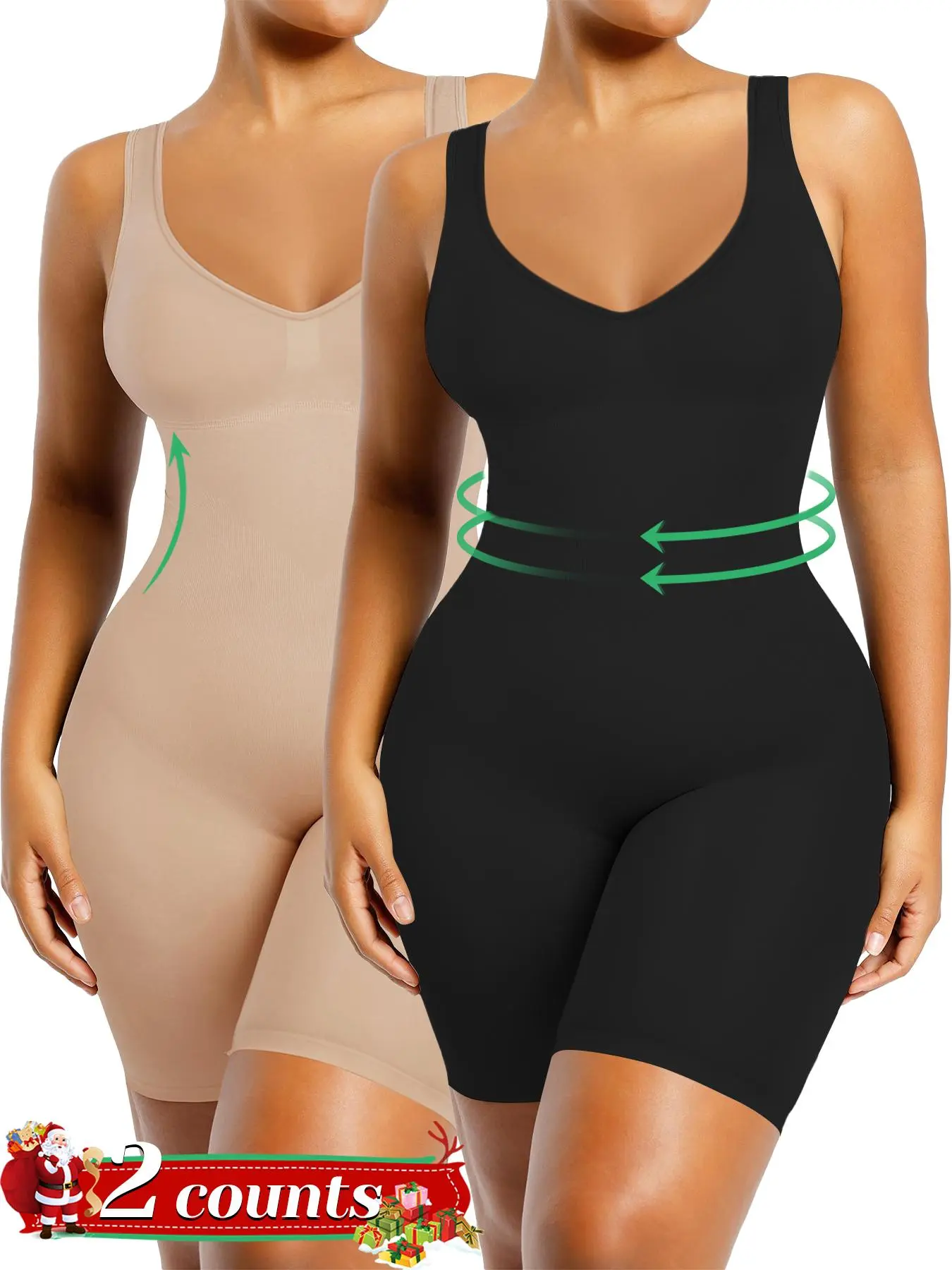 2pcs Shapewear Bodysuit for Women, Tummy Control V Neck Butt Lifting Bodycon Romper, Backless Seamless Sexy One Piece Shorts, Black Friday All Saints' Day Chrismas